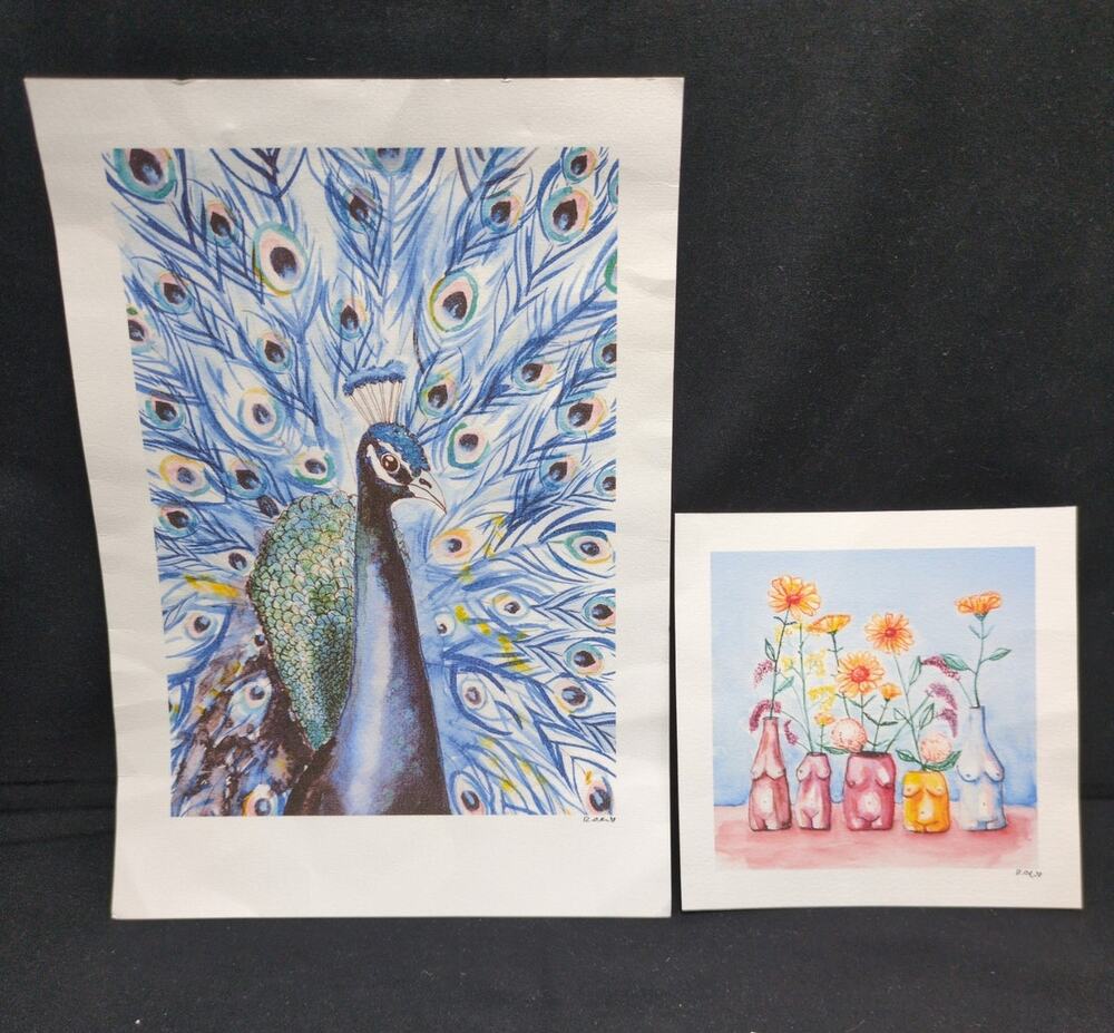 2 Original Rosa Oliver Art Works Watercolor Paitings Peacock Female Form Set